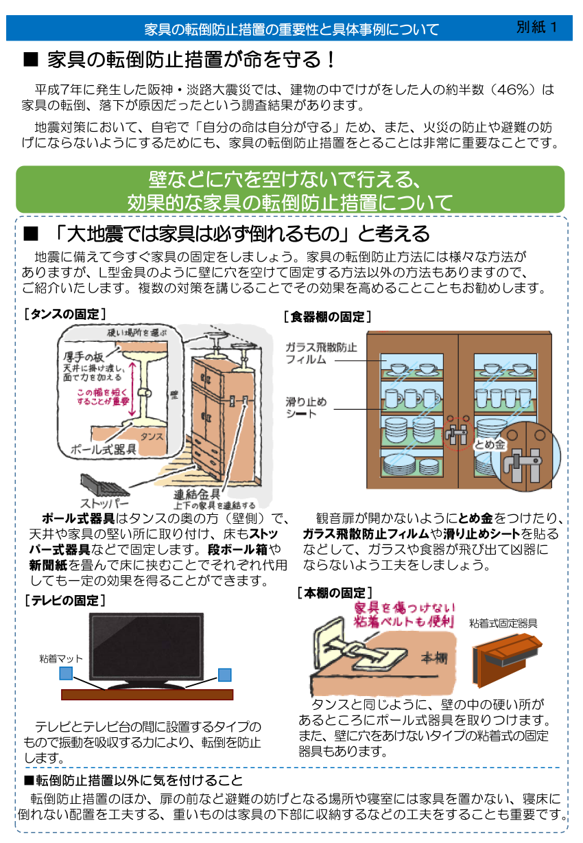 家具の転倒防止措置の重要性と具体事例について